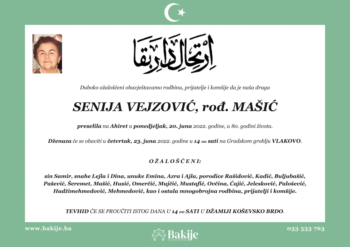 Smrtovnica — Senija Vejzović, rođ. Mašić