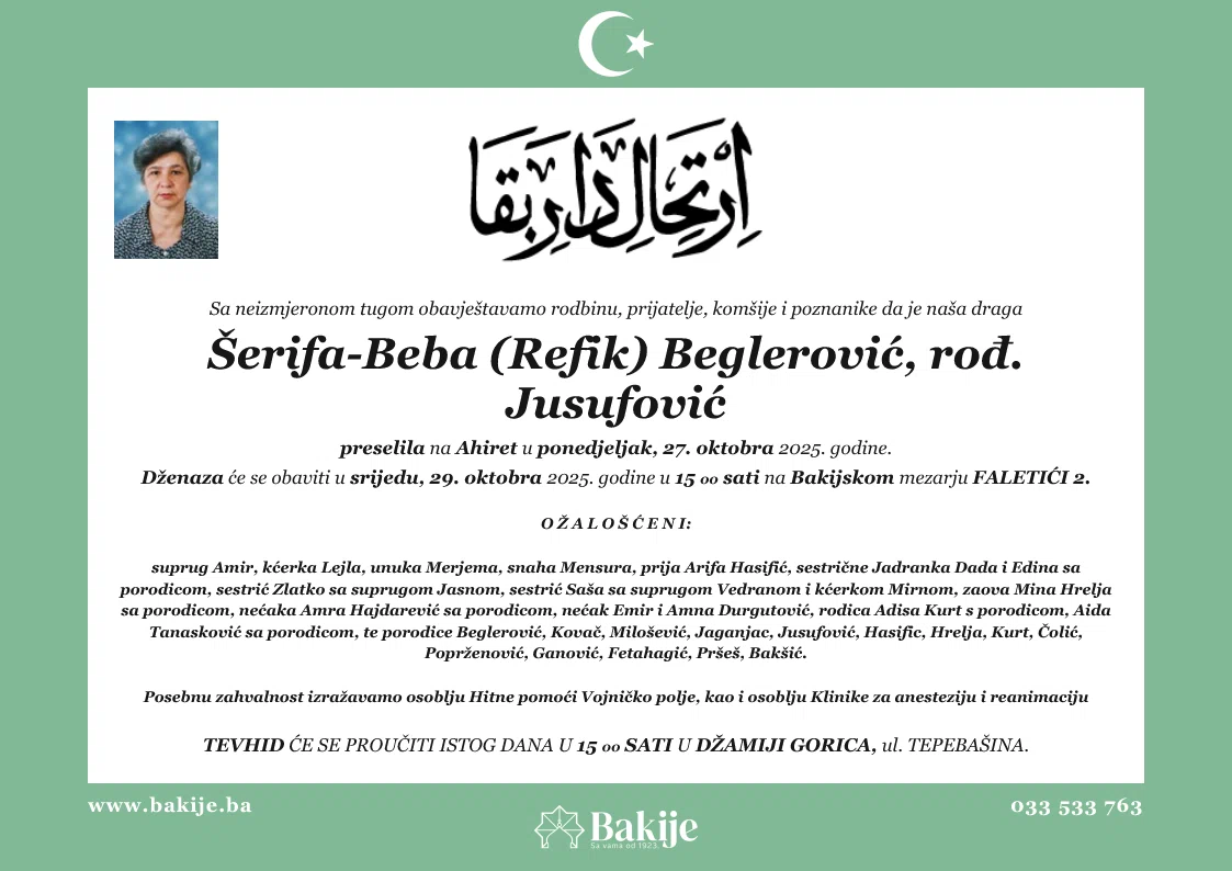 Smrtovnica — Šerifa-Beba (Refik) Beglerović, rođ. Jusufović