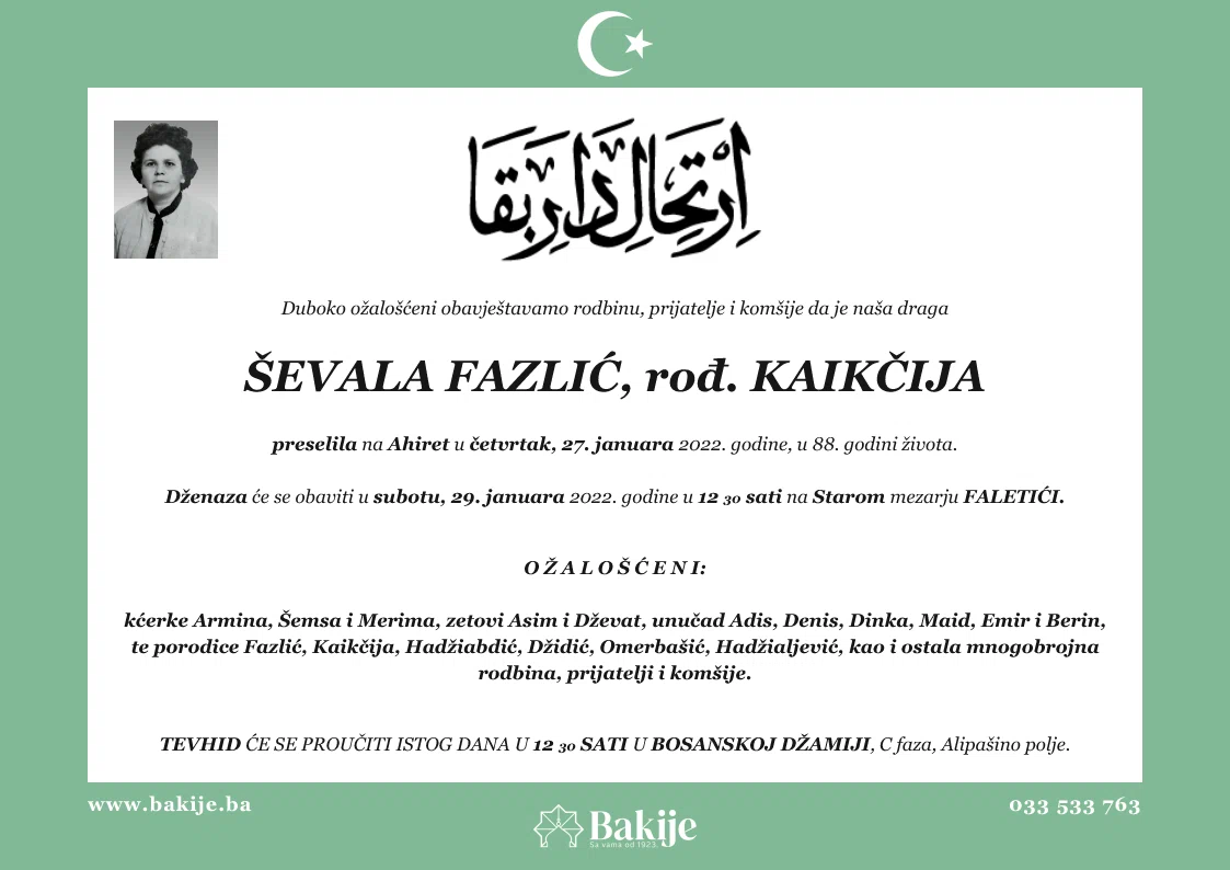 Smrtovnica — Ševala Fazlić, rođ. Kaikčija