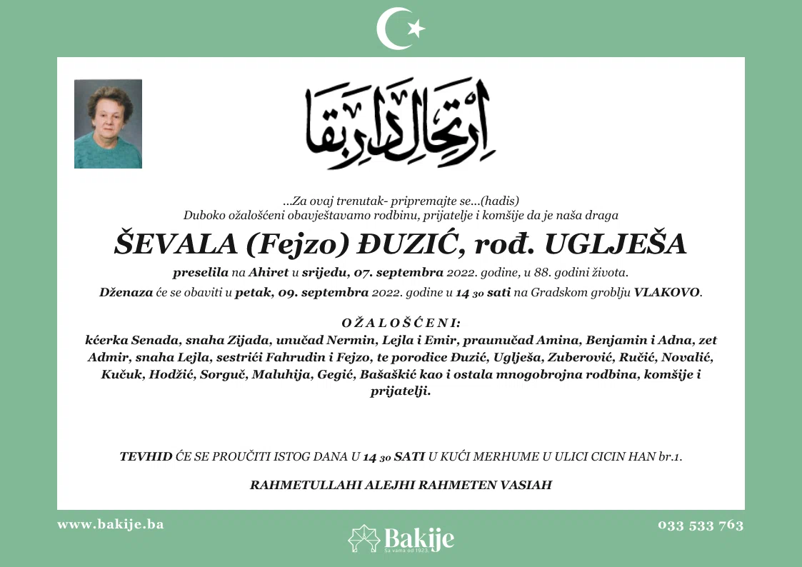 Smrtovnica — Ševala (Fejzo) Đuzić, rođ. Uglješa