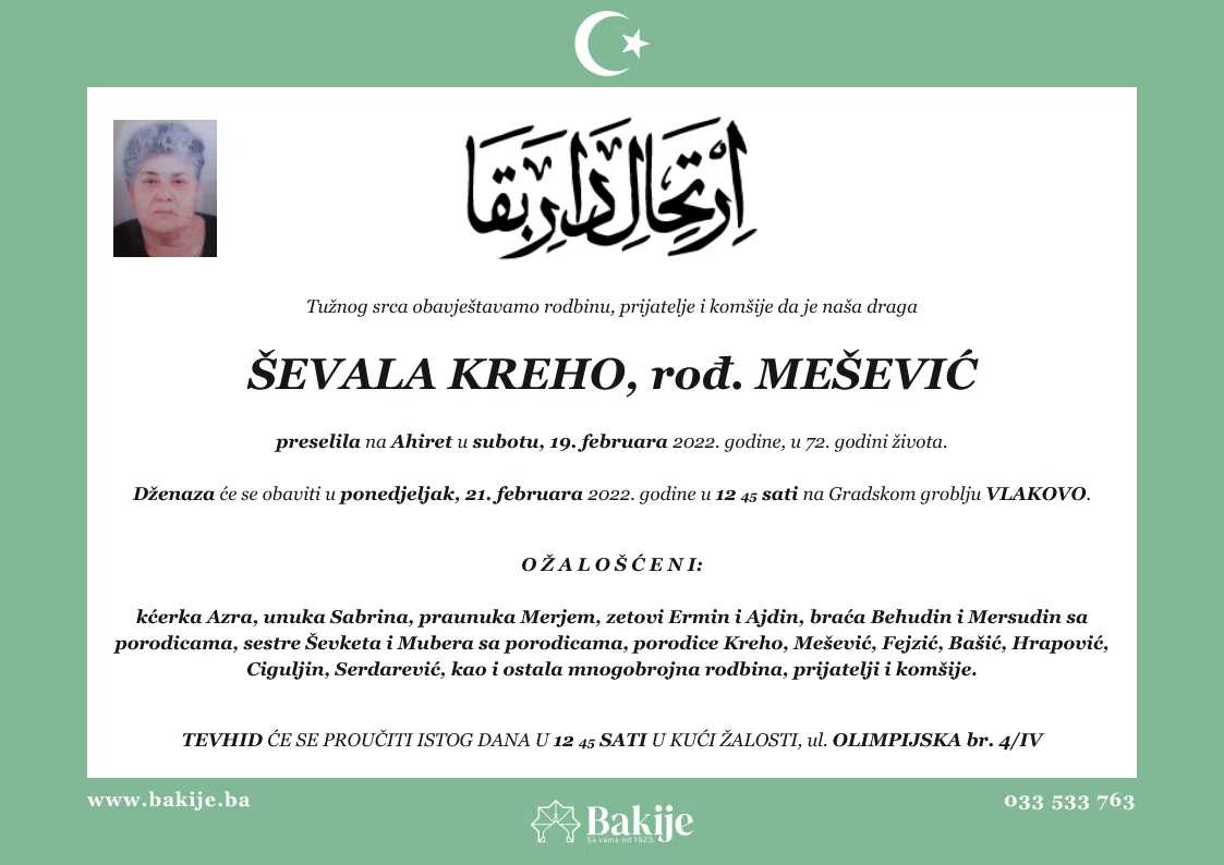 Smrtovnica — Ševala Kreho, rođ. Mešević