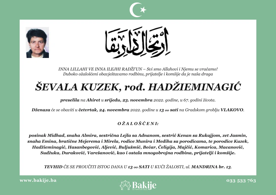 Smrtovnica — Ševala Kuzek, rođ. Hadžieminagić