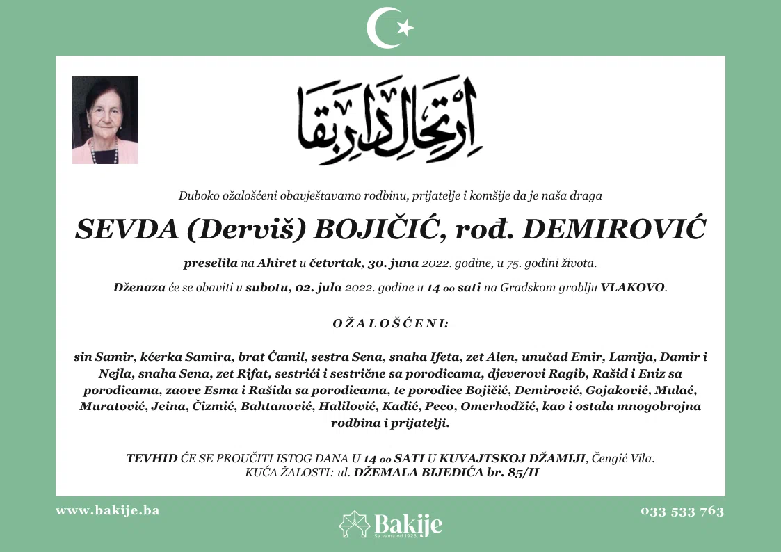 Smrtovnica — Sevda (Derviš) Bojičić, rođ. Demirović