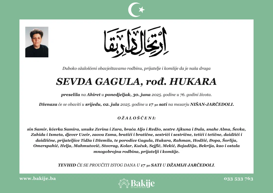 Smrtovnica — Sevda Gagula, rođ. Hukara