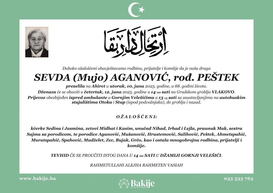 Smrtovnica — Sevda (Mujo) Aganović, rođ. Peštek
