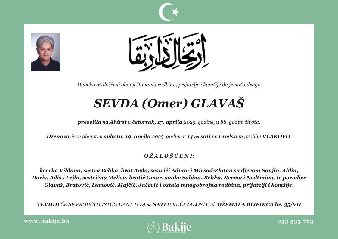Smrtovnica — Sevda (Omer) Glavaš