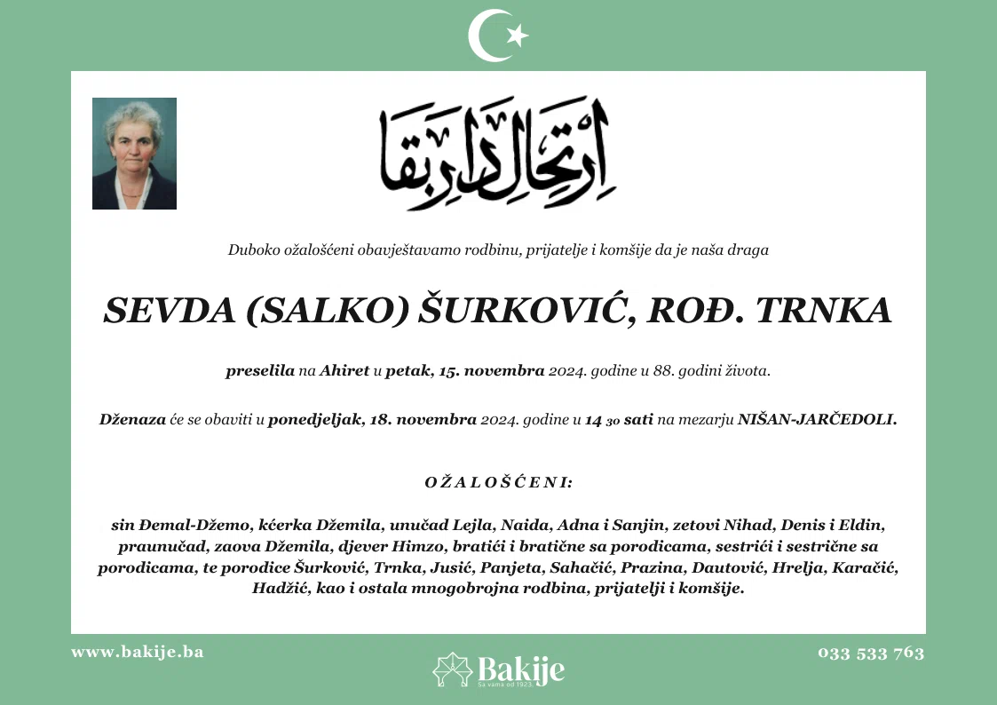 Smrtovnica — Sevda (Salko) Šurković, rođ. Trnka
