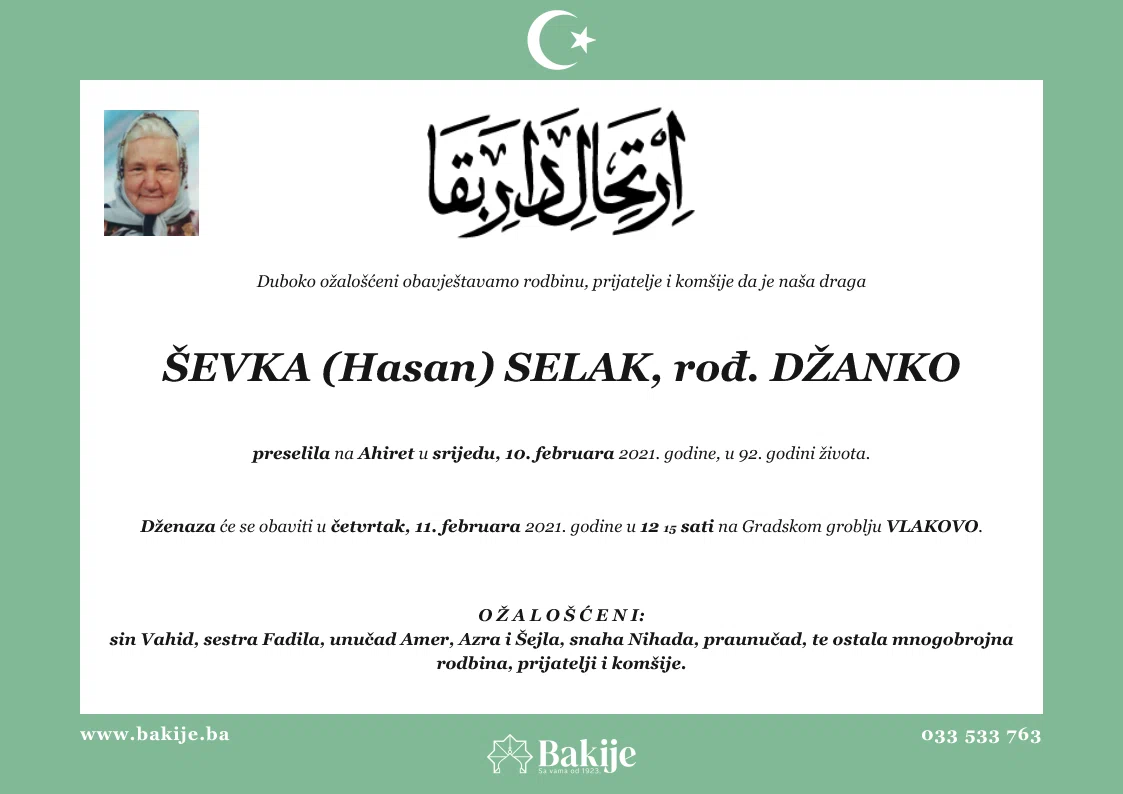 Smrtovnica — Ševka (Hasan) Selak, rođ. Džanko