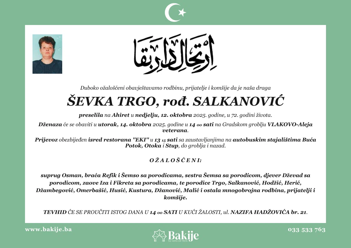 Smrtovnica — Ševka Trgo, rođ. Salkanović