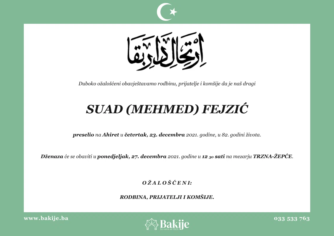 Smrtovnica — Suad (Mehmed) Fejzić