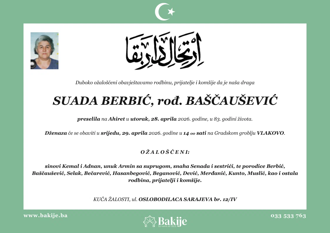 Smrtovnica — Suada Berbić, rođ. Baščaušević