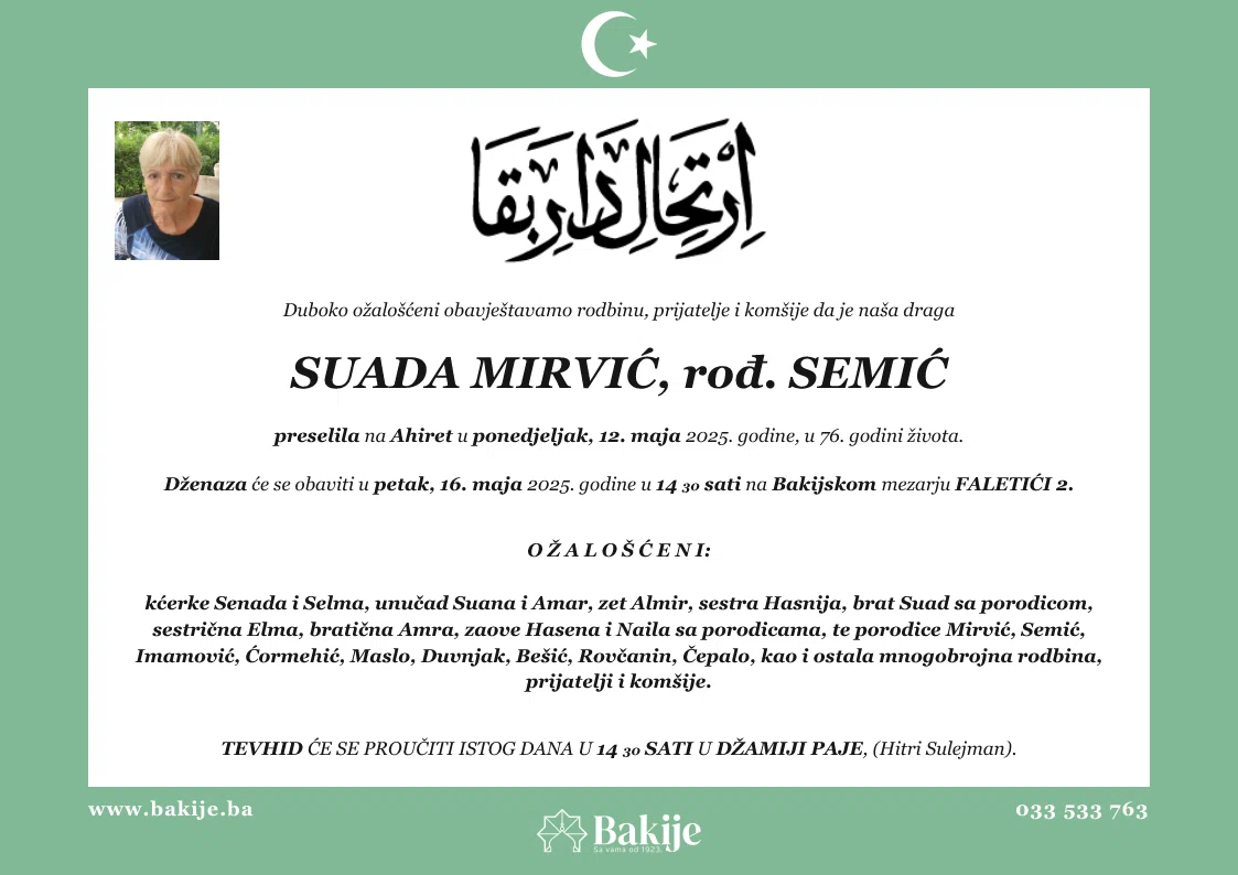 Smrtovnica — Suada Mirvić, rođ. Semić