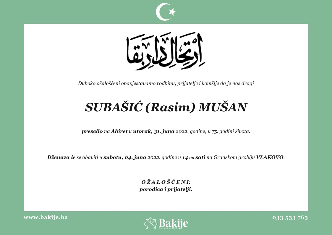 Smrtovnica — Subašić (Rasim) Mušan