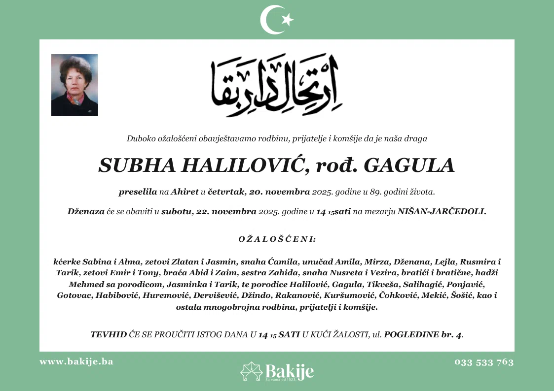Smrtovnica — Subha Halilović, rođ. Gagula