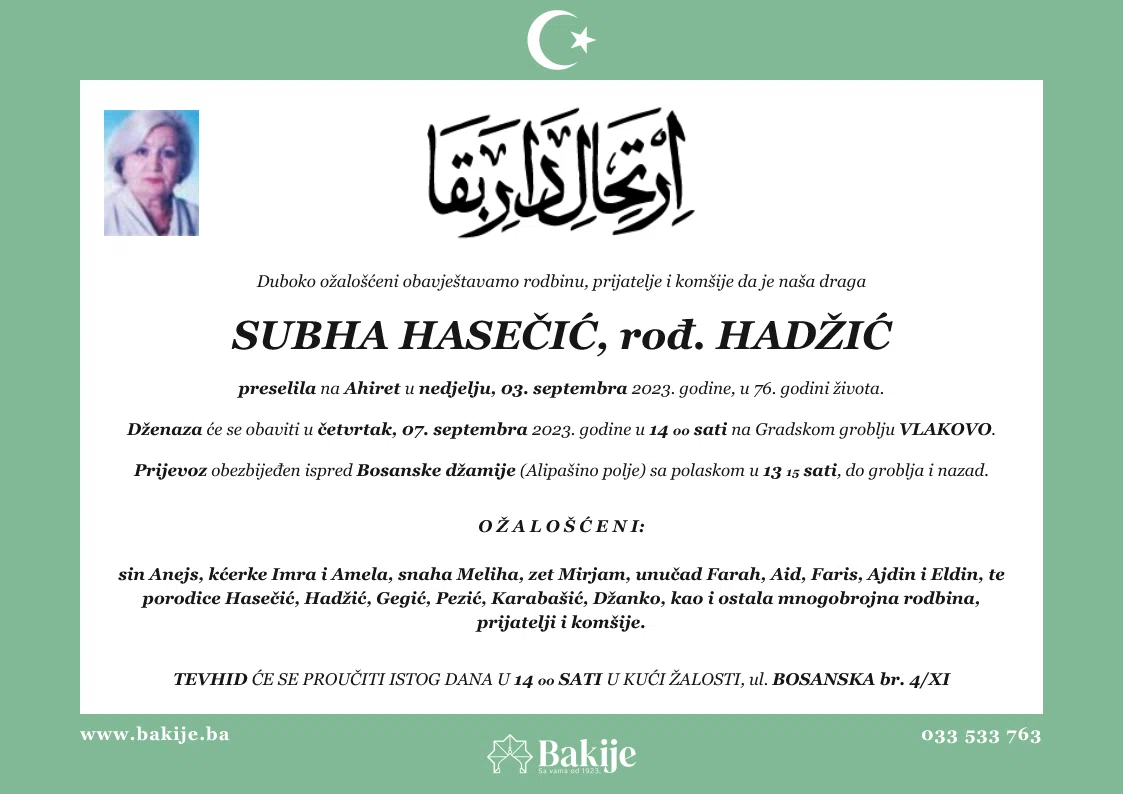 Smrtovnica — Subha Hasečić, rođ. Hadžić