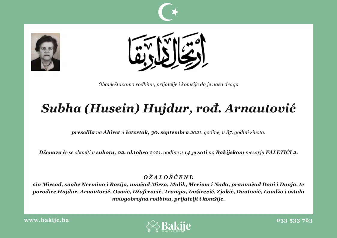 Smrtovnica — Subha (Husein) Hujdur, rođ. Arnautović