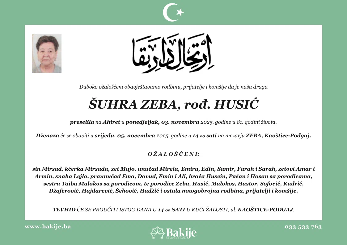 Smrtovnica — Šuhra Zeba, rođ. Husić