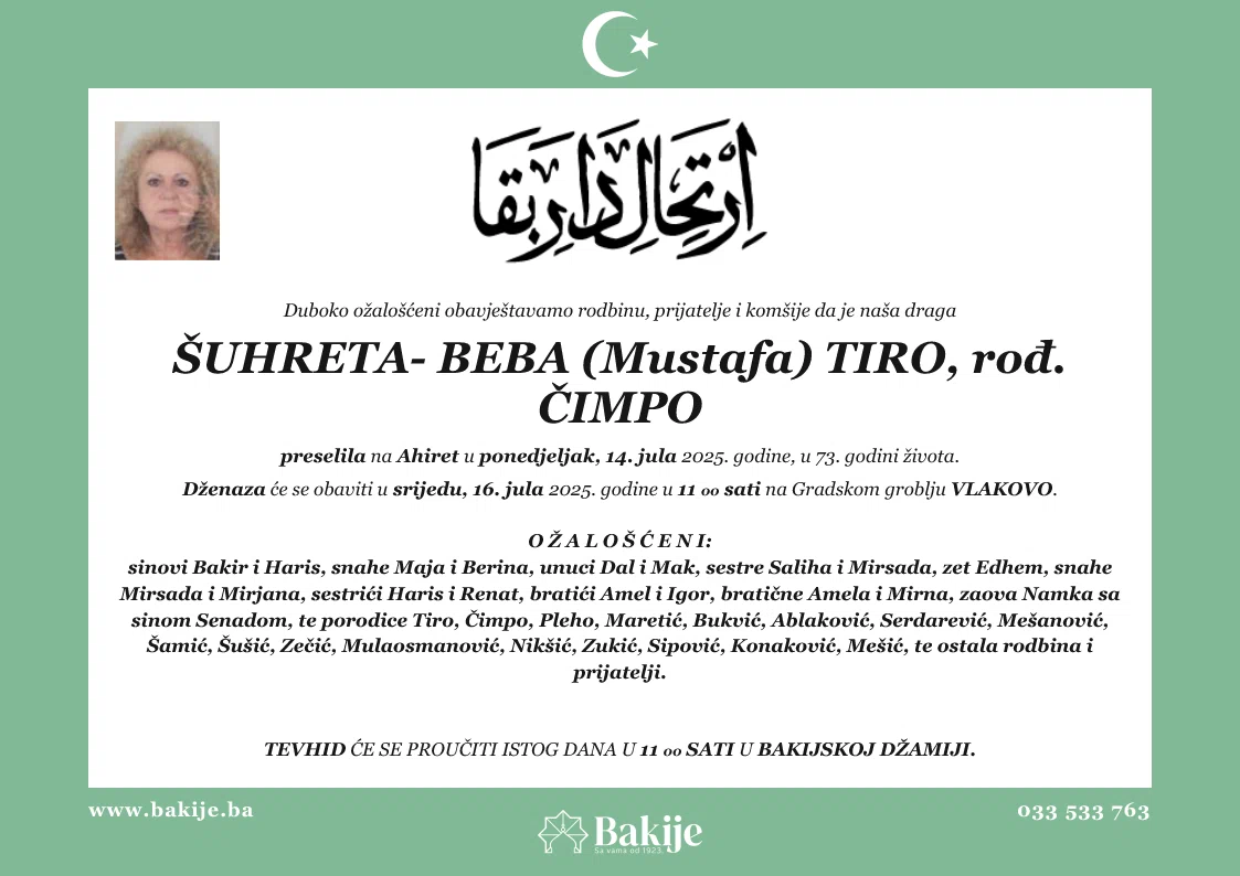 Smrtovnica — Šuhreta- Beba (Mustafa) Tiro, rođ. Čimpo