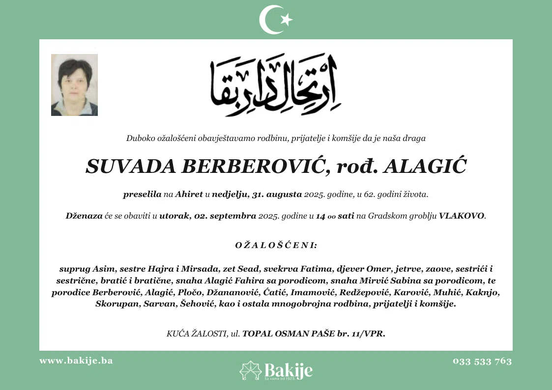 Smrtovnica — Suvada Berberović, rođ. Alagić
