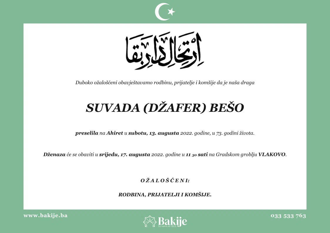 Smrtovnica — Suvada (Džafer) Bešo