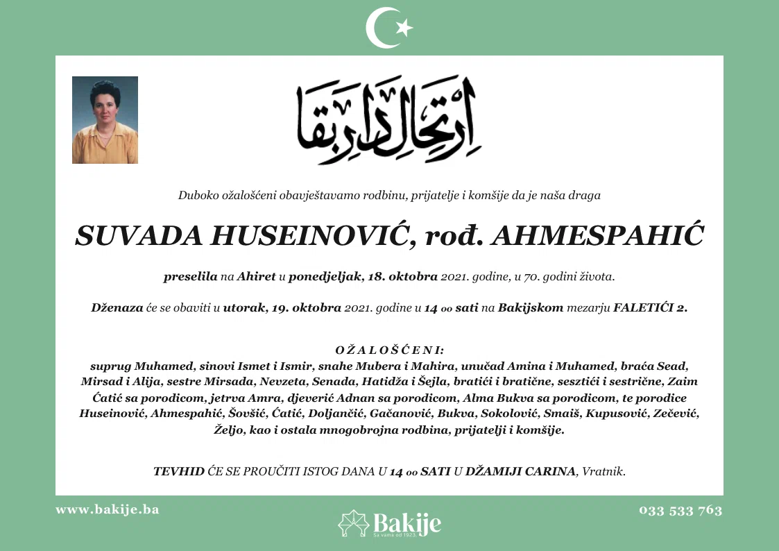 Smrtovnica — Suvada Huseinović, rođ. Ahmespahić