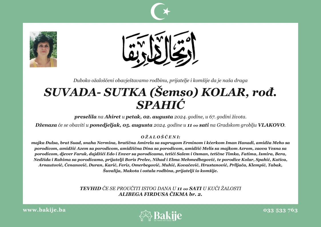 Smrtovnica — Suvada- Sutka (Šemso) Kolar, rođ. Spahić