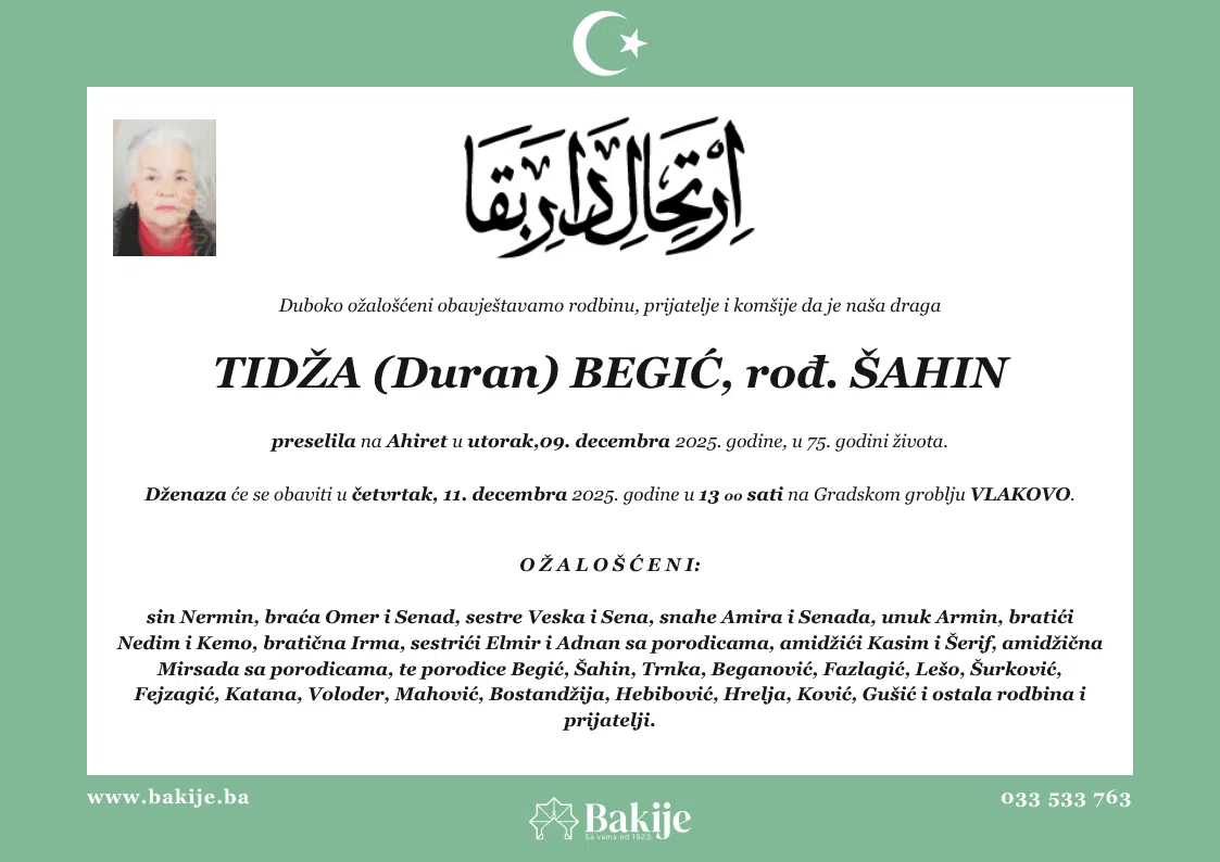 Smrtovnica — Tidža (Duran) Begić, rođ. Šahin