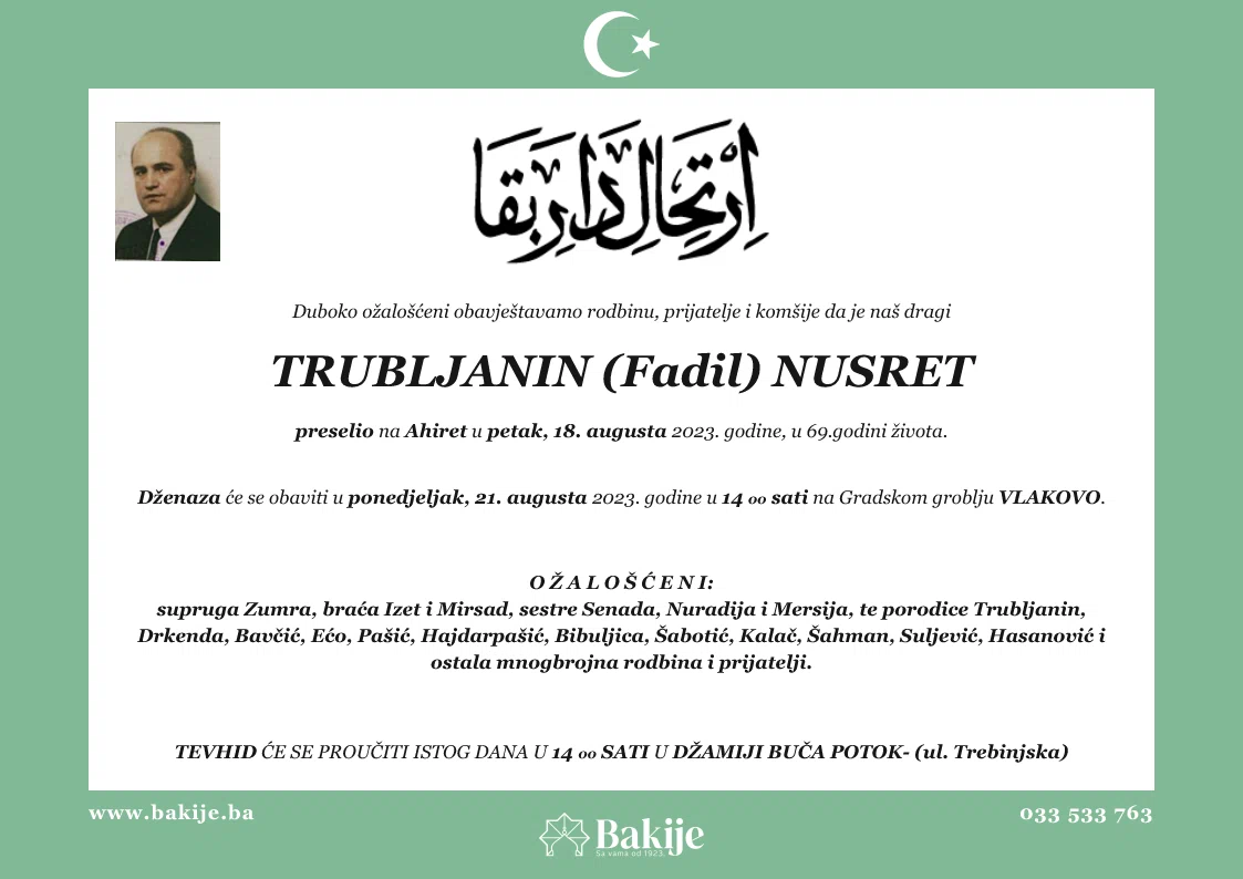Smrtovnica — Trubljanin (Fadil) Nusret
