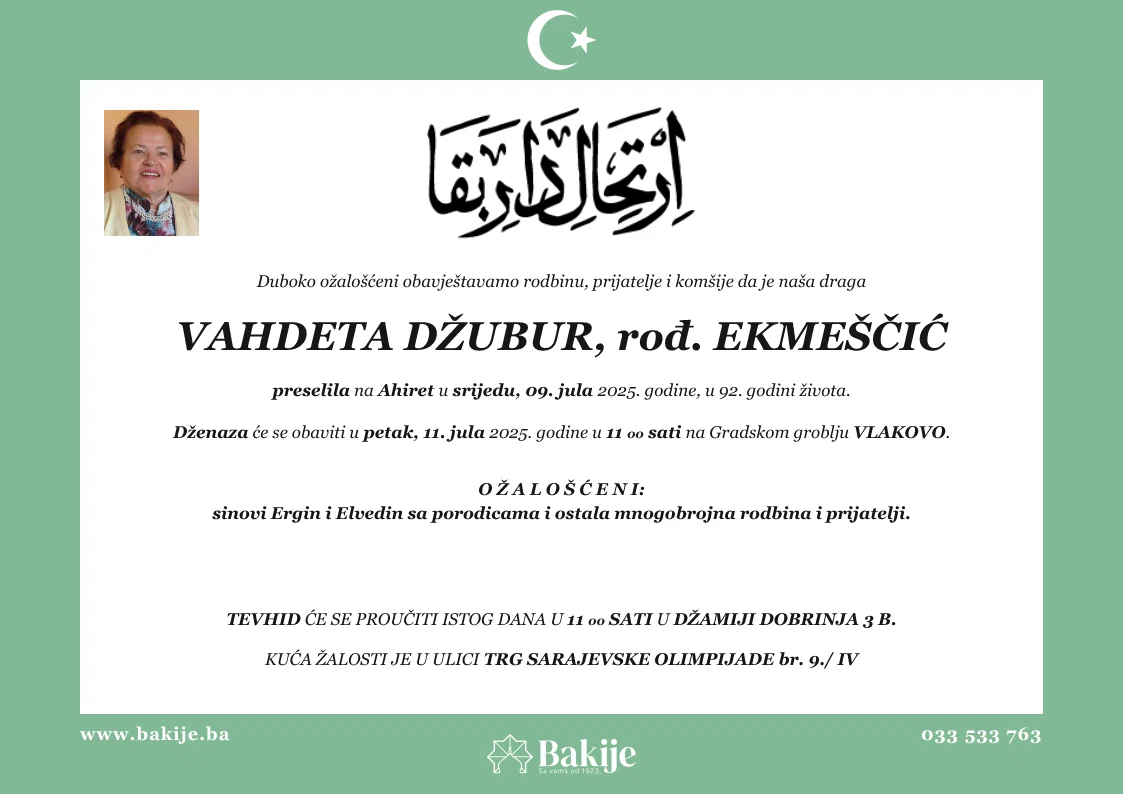 Smrtovnica — Vahdeta Džubur, rođ. Ekmeščić