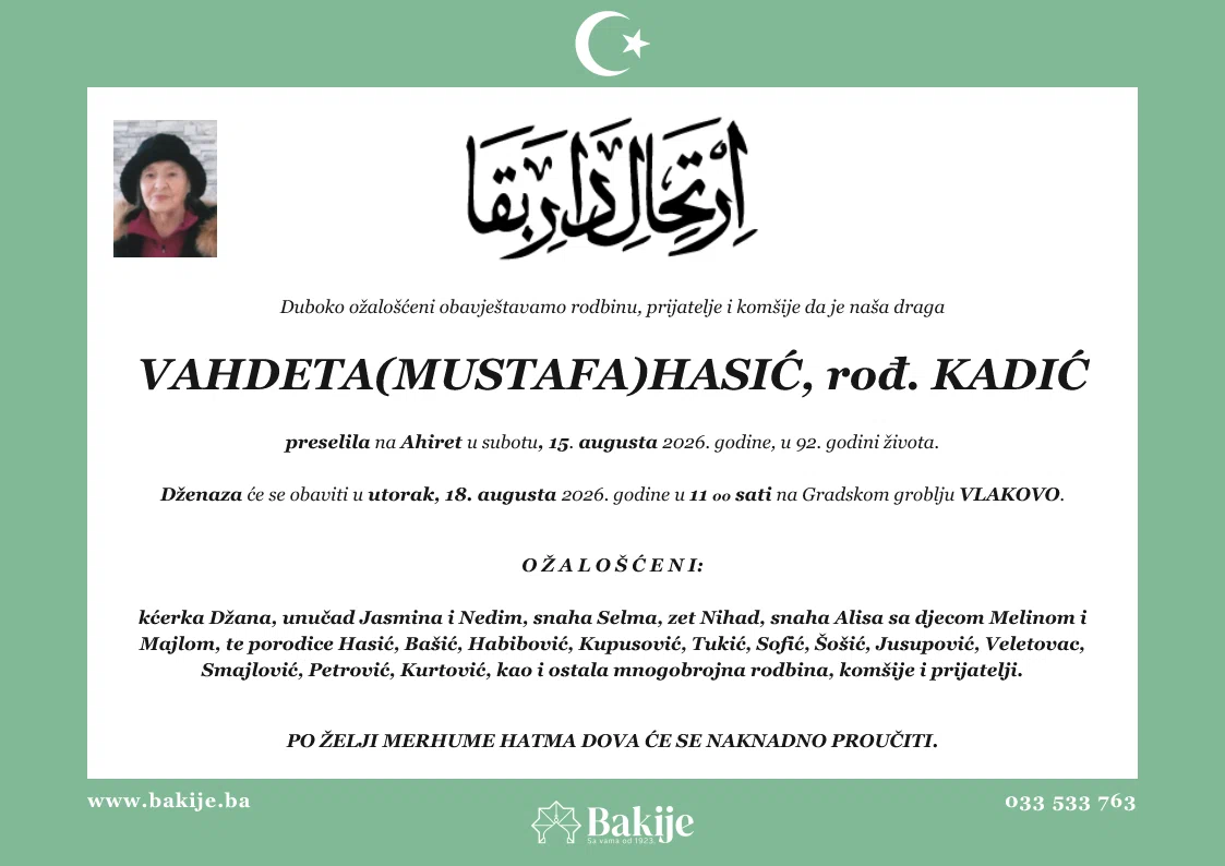Smrtovnica — Vahdeta(Mustafa)hasić, rođ. Kadić