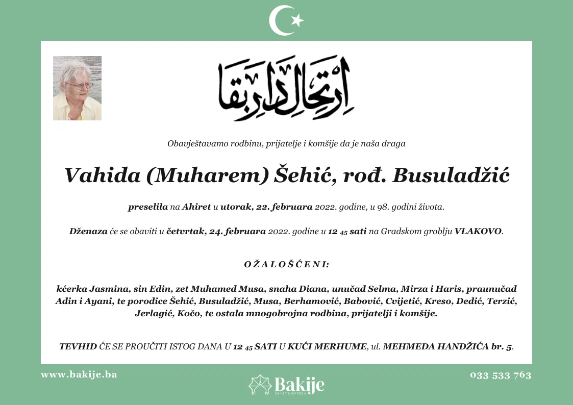 Smrtovnica — Vahida (Muharem) Šehić, rođ. Busuladžić