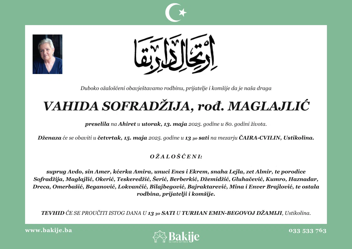 Smrtovnica — Vahida Sofradžija, rođ. Maglajlić