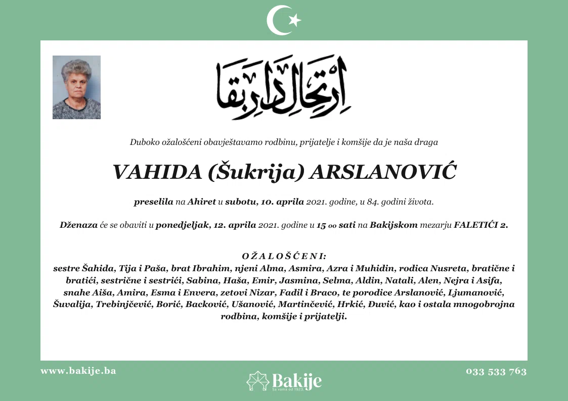 Smrtovnica — Vahida (Šukrija) Arslanović