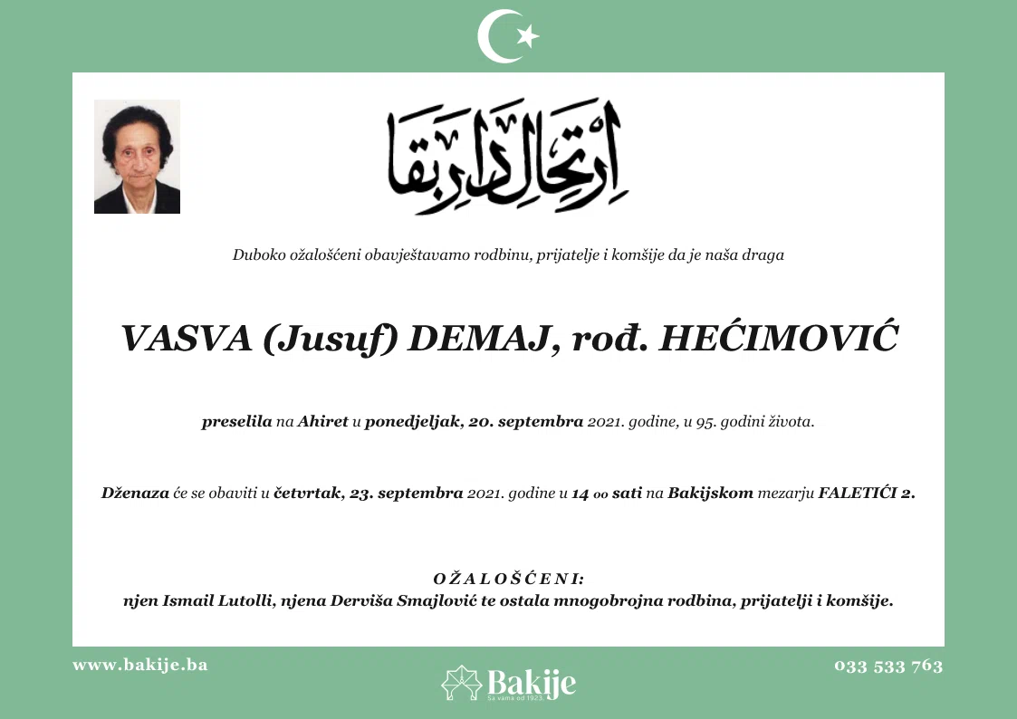 Smrtovnica — Vasva (Jusuf) Demaj, rođ. Hećimović