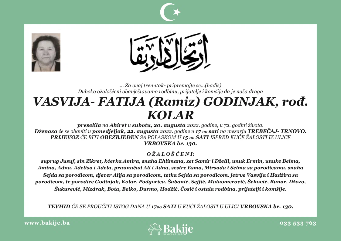 Smrtovnica — Vasvija- Fatija (Ramiz) Godinjak, rođ. Kolar
