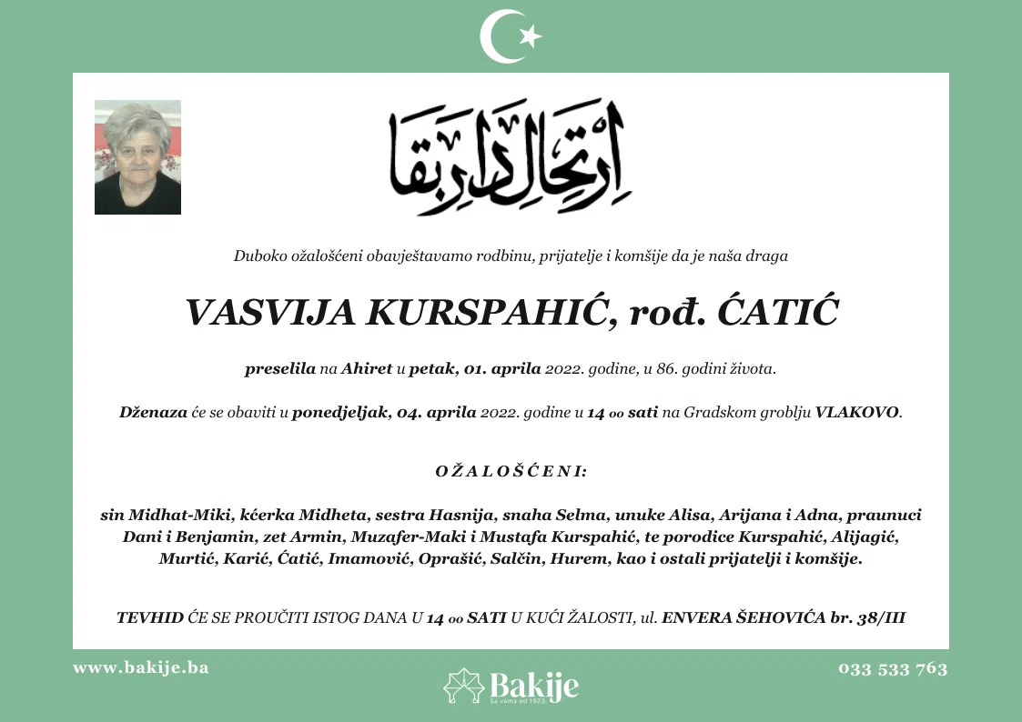Smrtovnica — Vasvija Kurspahić, rođ. Ćatić