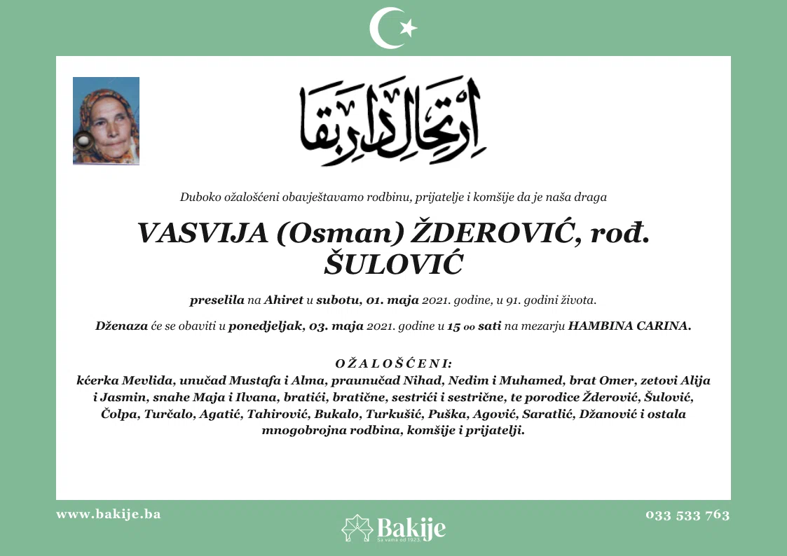 Smrtovnica — Vasvija (Osman) Žderović, rođ. Šulović