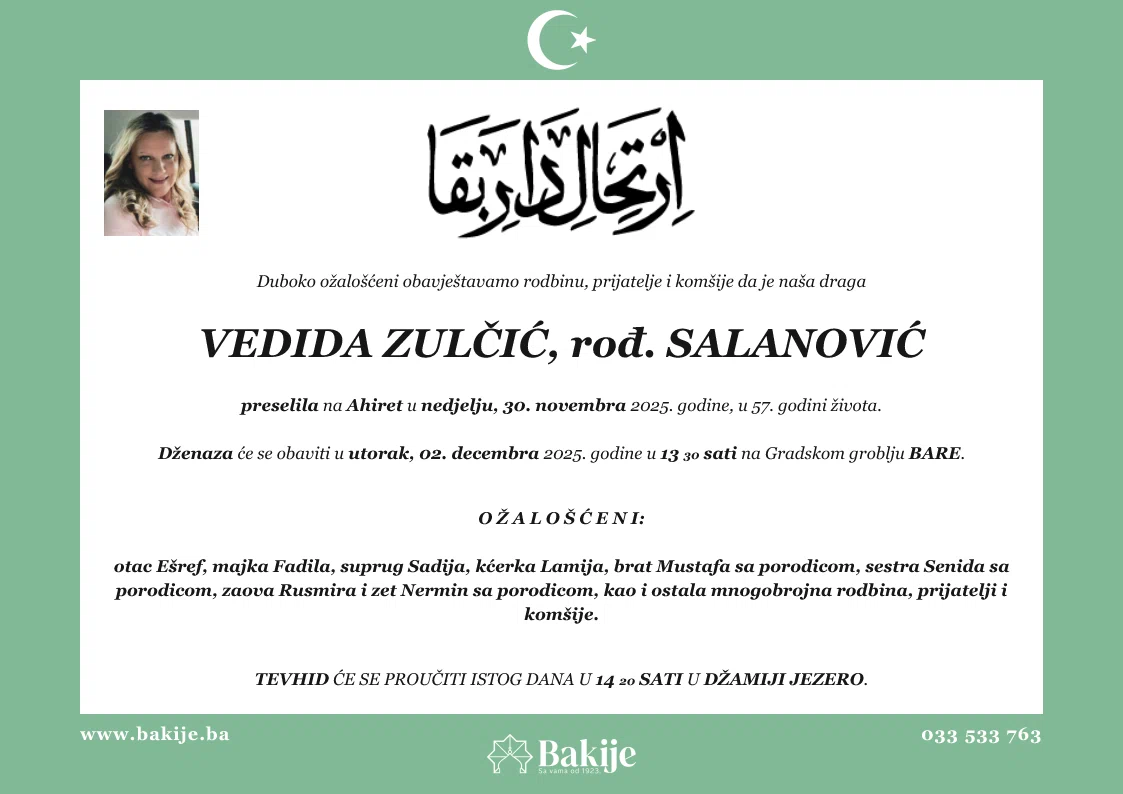 Smrtovnica — Vedida Zulčić, rođ. Salanović