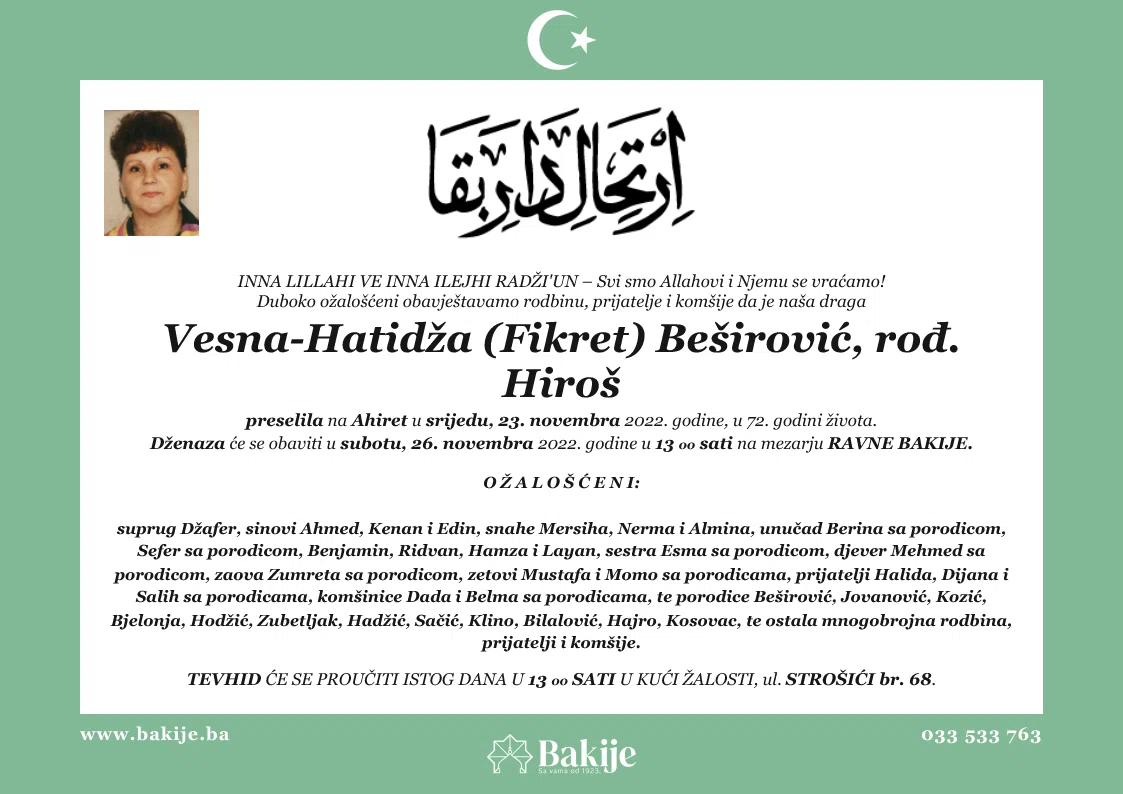 Smrtovnica — Vesna-Hatidža (Fikret) Beširović, rođ. Hiroš