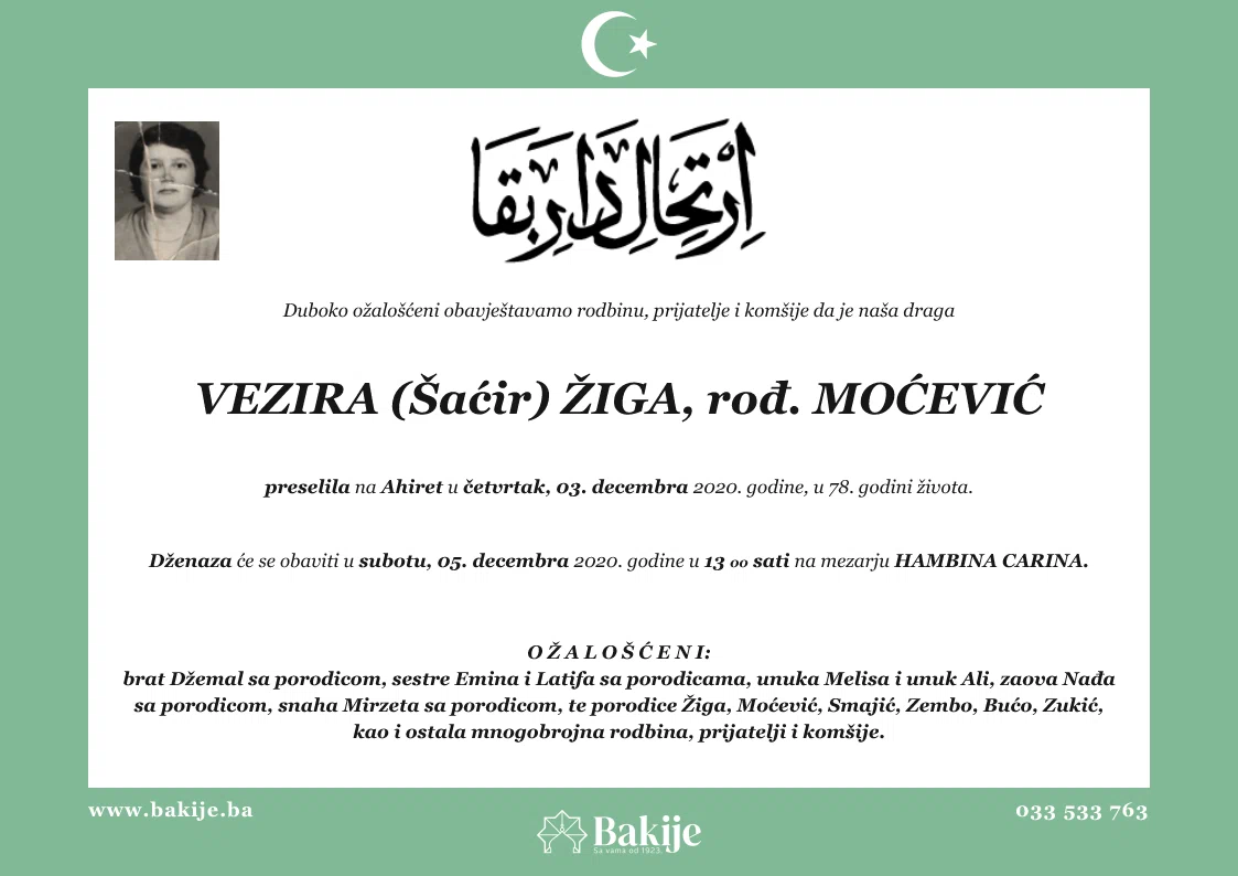 Smrtovnica — Vezira (Šaćir) Žiga, rođ. Moćević