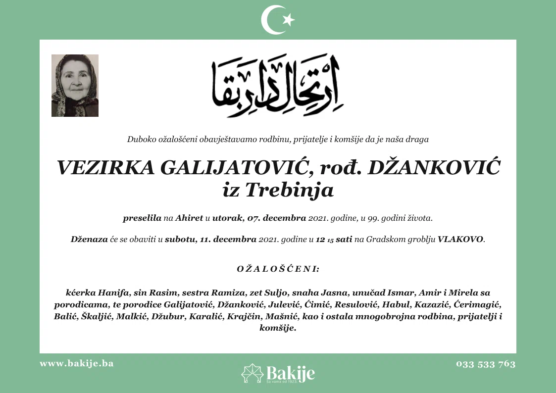 Smrtovnica — Vezirka Galijatović, rođ. Džanković Iz Trebinja