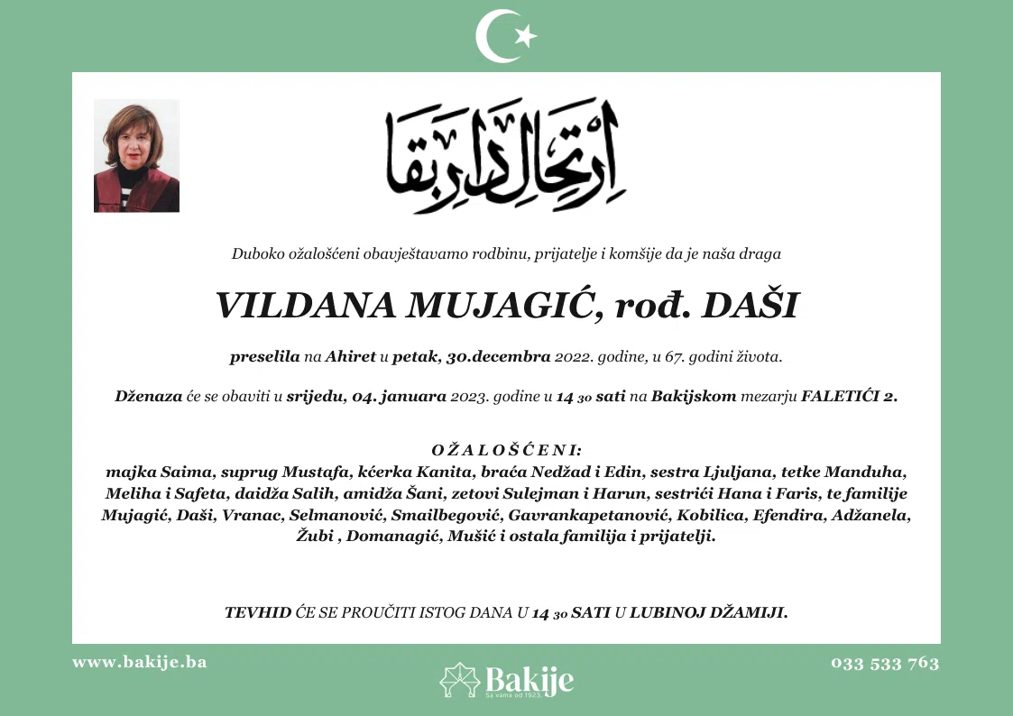 Smrtovnica — Vildana Mujagić, rođ. Daši