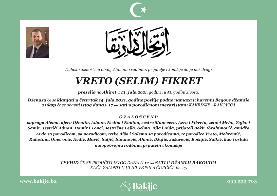 Smrtovnica — Vreto (Selim) Fikret