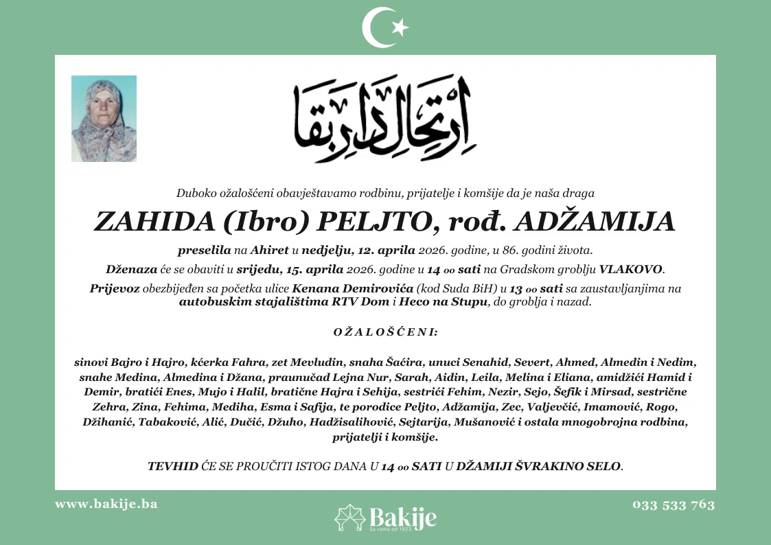 Smrtovnica — Zahida (Ibro) Peljto, rođ. Adžamija