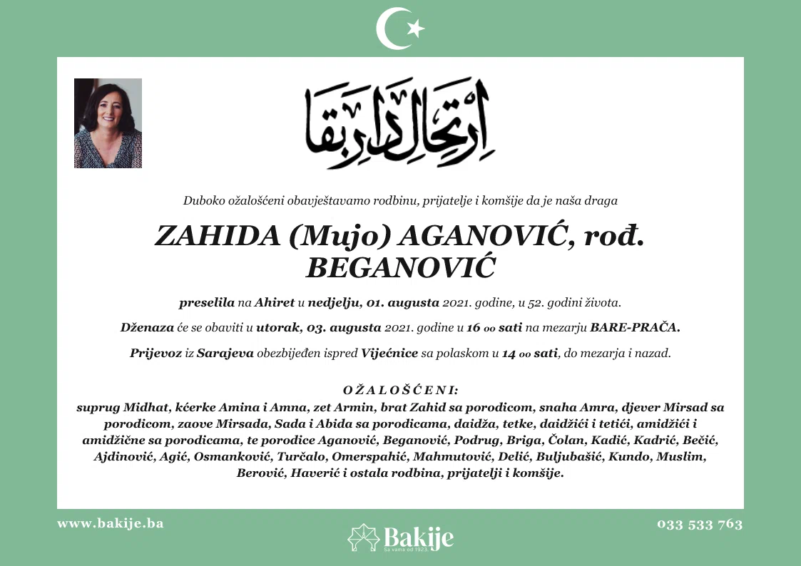 Smrtovnica — Zahida (Mujo) Aganović, rođ. Beganović