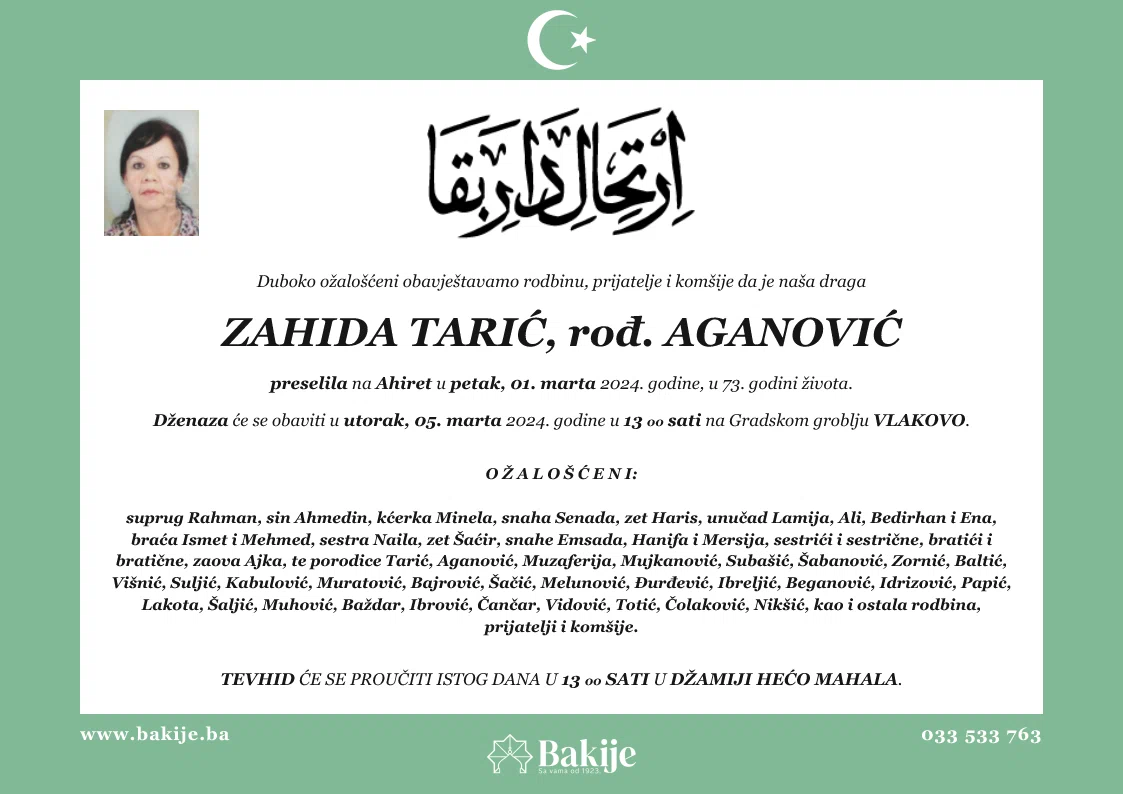 Smrtovnica — Zahida Tarić, rođ. Aganović