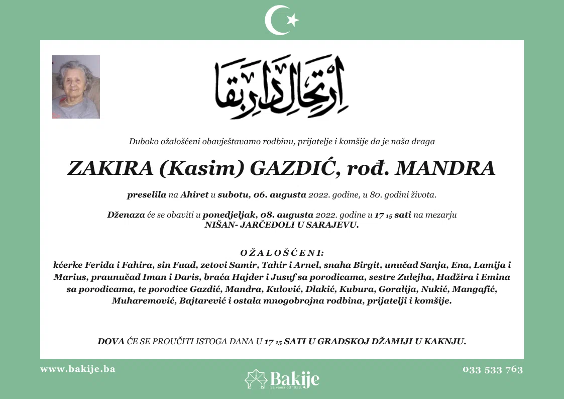 Smrtovnica — Zakira (Kasim) Gazdić, rođ. Mandra