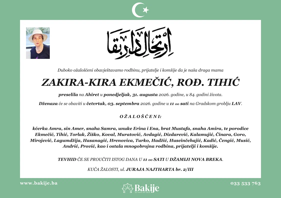 Smrtovnica — Zakira-Kira Ekmečić, rođ. Tihić