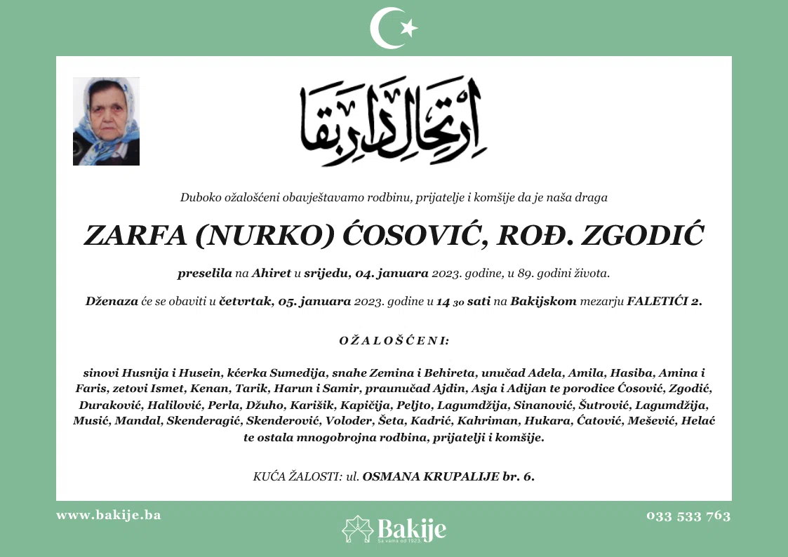 Smrtovnica — Zarfa (Nurko) Ćosović, rođ. Zgodić