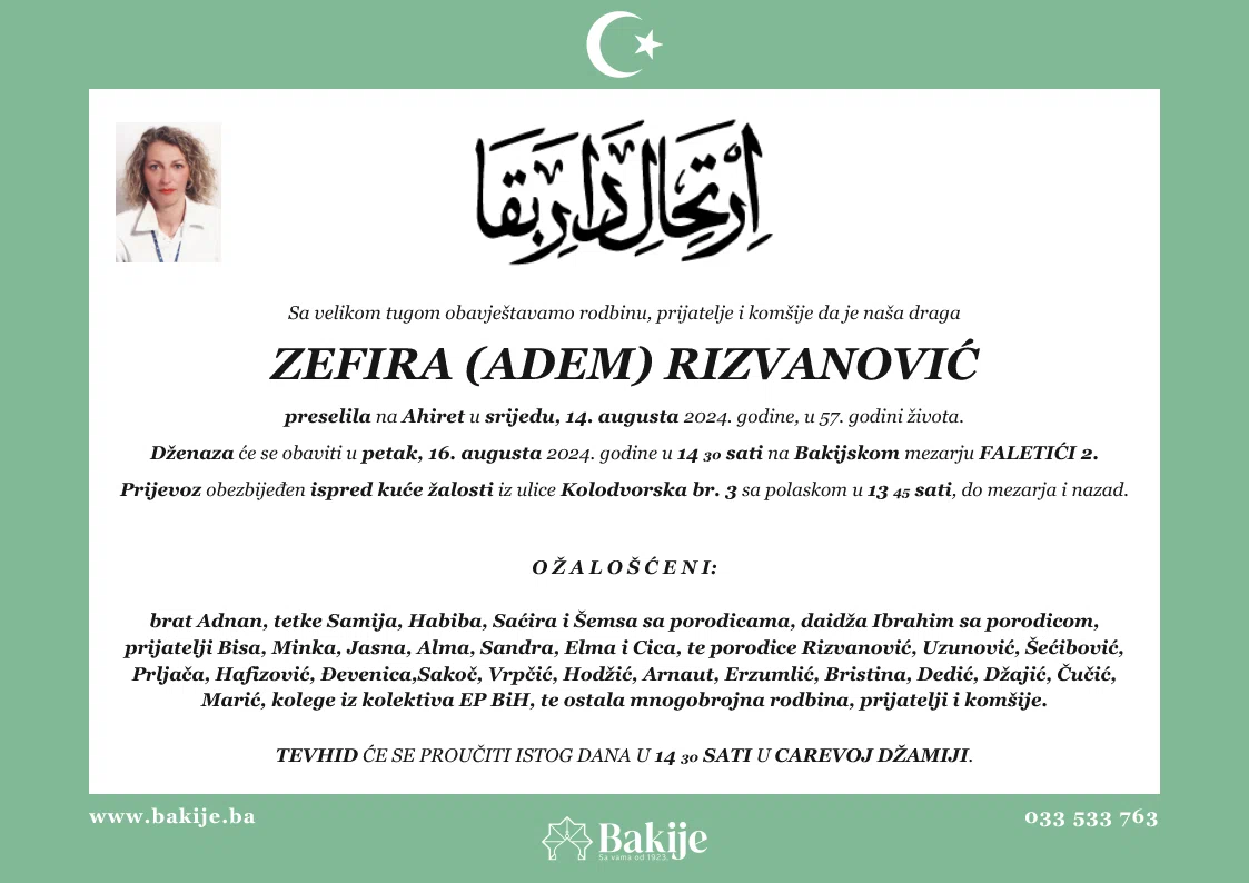 Smrtovnica — Zefira (Adem) Rizvanović